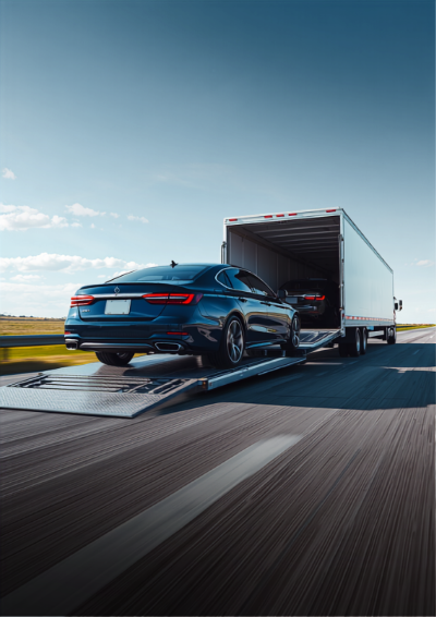 Enclosed auto transport carrier loading a car